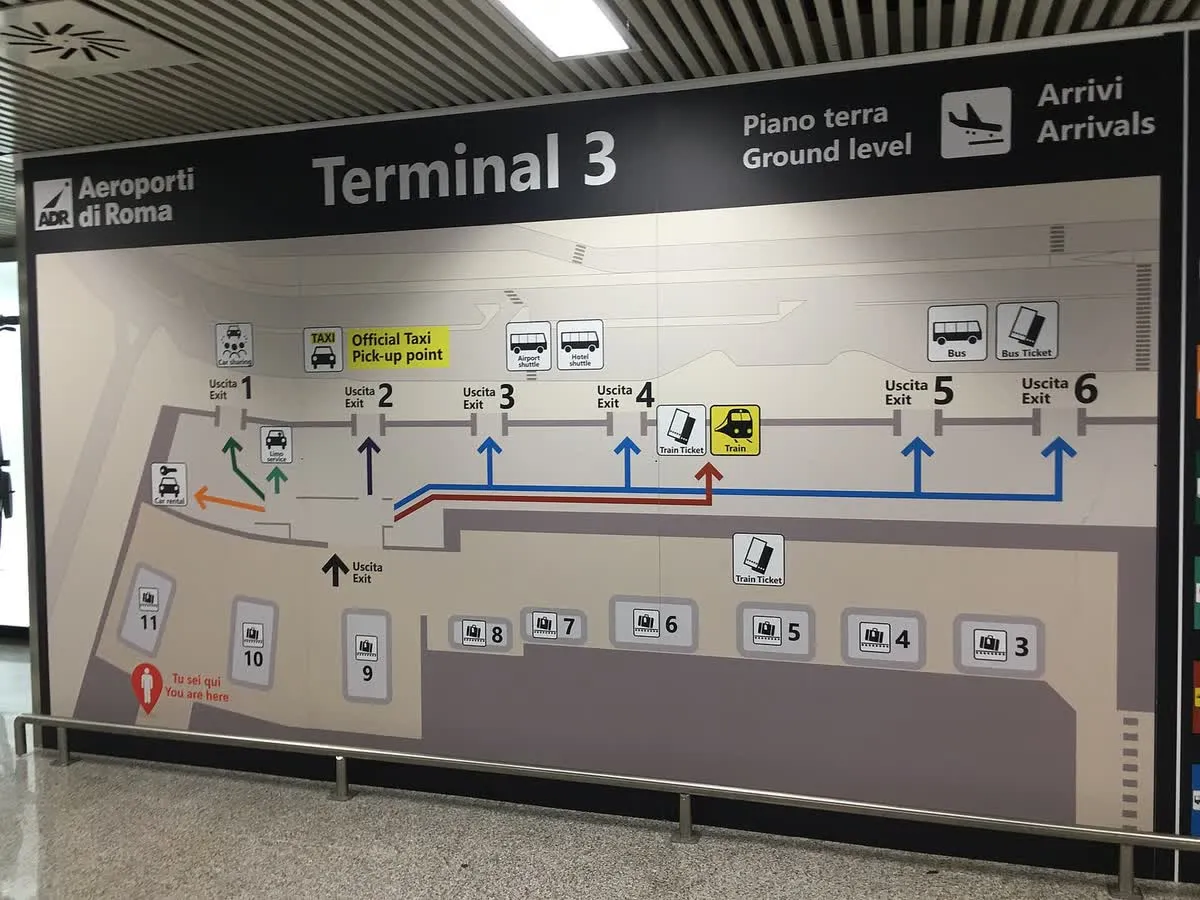 Panneau d'information du terminal 3 de l'aéroport de Fiumicino, avec les points de départ des taxis et la billetterie du train