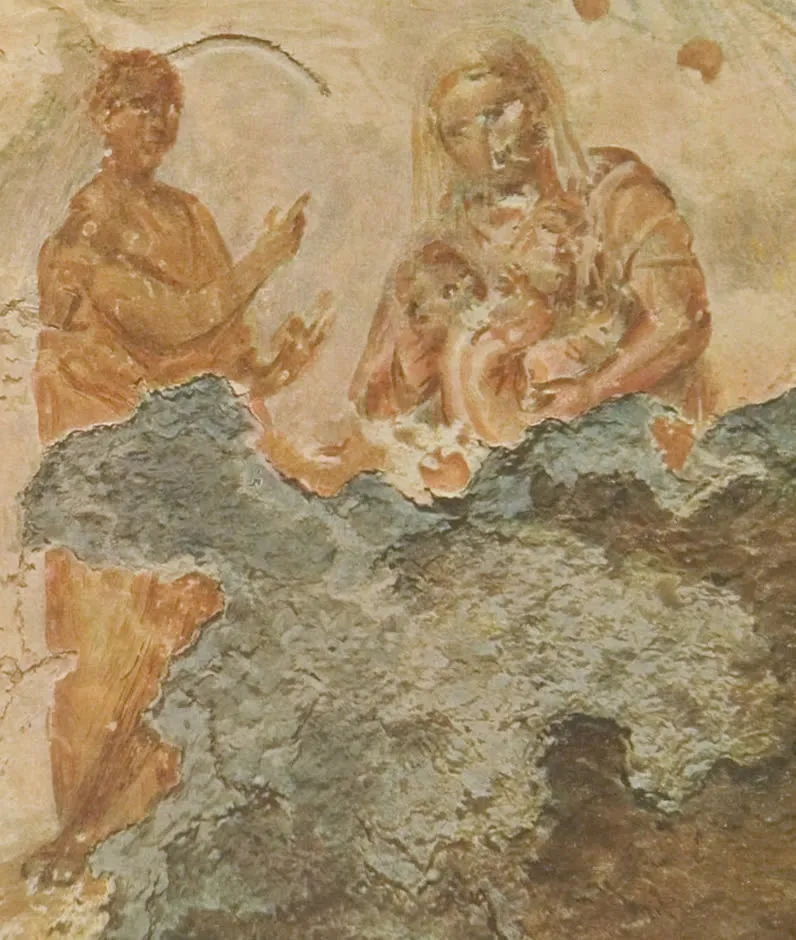 Fresque du IIe siècle des catacombes de Priscille : la Vierge à l'Enfant, et à gauche le prophète Balaam qui désigne l'étoile, sur un enduit dont la moitié basse est perdue