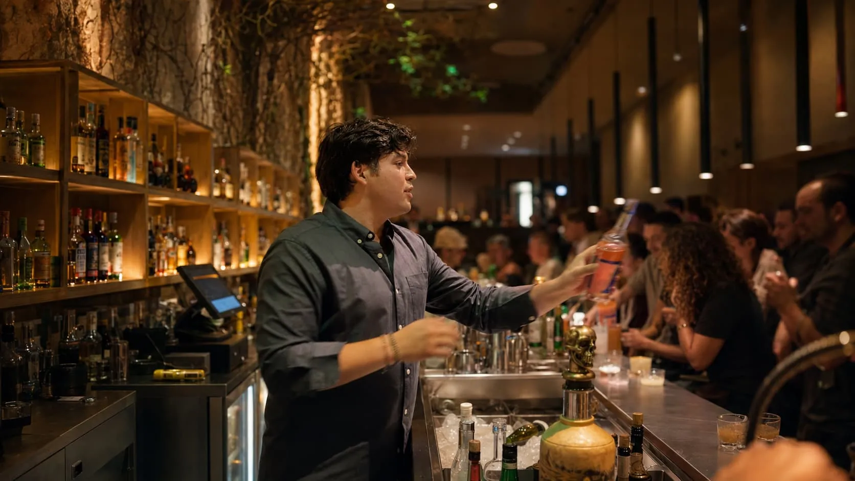 Barman en chemise sombre servant un cocktail derrière le comptoir d'un bar éclairé, bouteilles alignées sur les étagères
