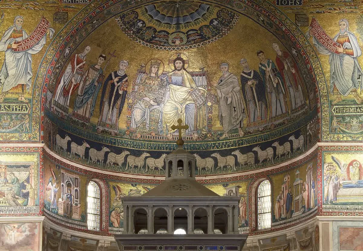 La mosaïque de l’abside de Santa Maria in Trastevere : le Christ et la Vierge sur leur trône, les prophètes Isaïe et Jérémie sur les côtés, les brebis en dessous