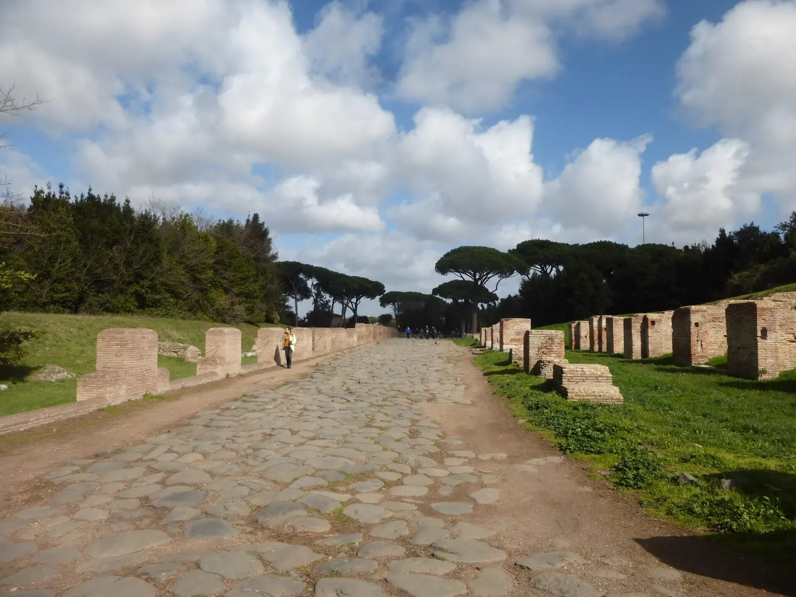 Le decumanus maximus d'Ostie Antica, large rue pavée de blocs de basalte bordée de ruines de brique et de pins parasols