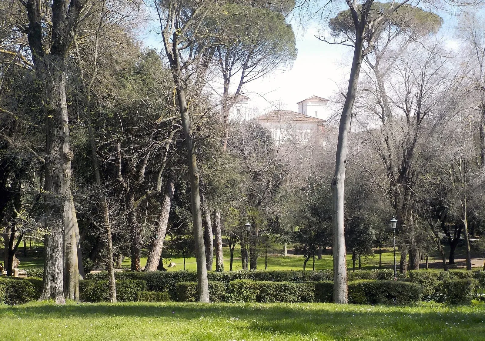 Pelouse et grands arbres du parc de la Villa Borghese à Rome, un édifice blanc se devinant entre les troncs