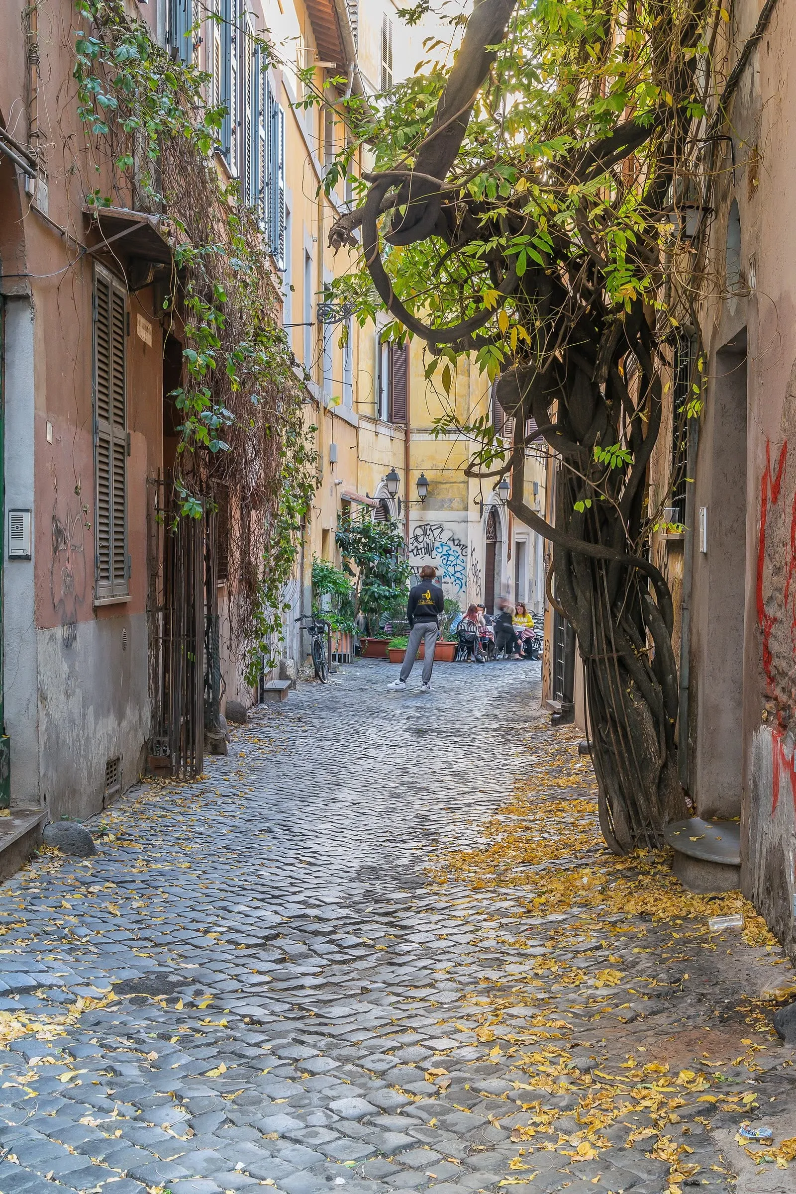 Ruelle du Trastevere à Rome, façades ocre et pavés en sampietrini couverts de feuilles mortes