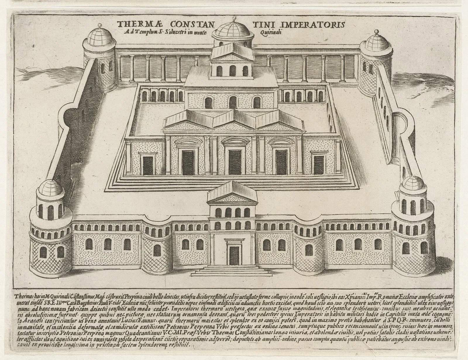 Gravure ancienne des thermes de Constantin à Rome, avec les voûtes encore debout sur le flanc du Quirinal