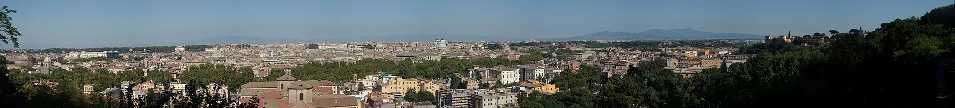 Panorama de Rome vu depuis la colline du Janicule, avec la coupole de Saint-Pierre et les toits de Trastevere