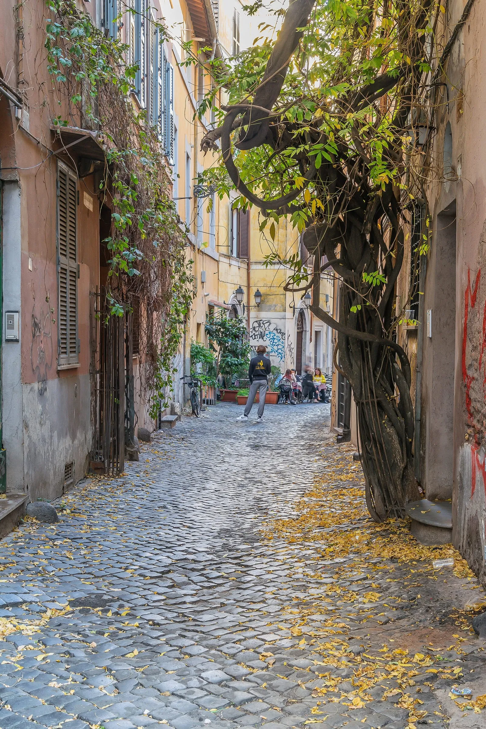 Une ruelle pavée du Trastevere, à Rome, bordée de façades ocre